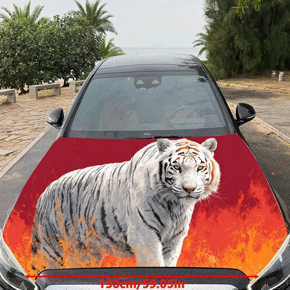 Car Decal White Tiger with Fiery Red Artistic Background & Mystic-Wild Aesthetic Car Hood Sticker, Waterproof Self - Adhesive Vi