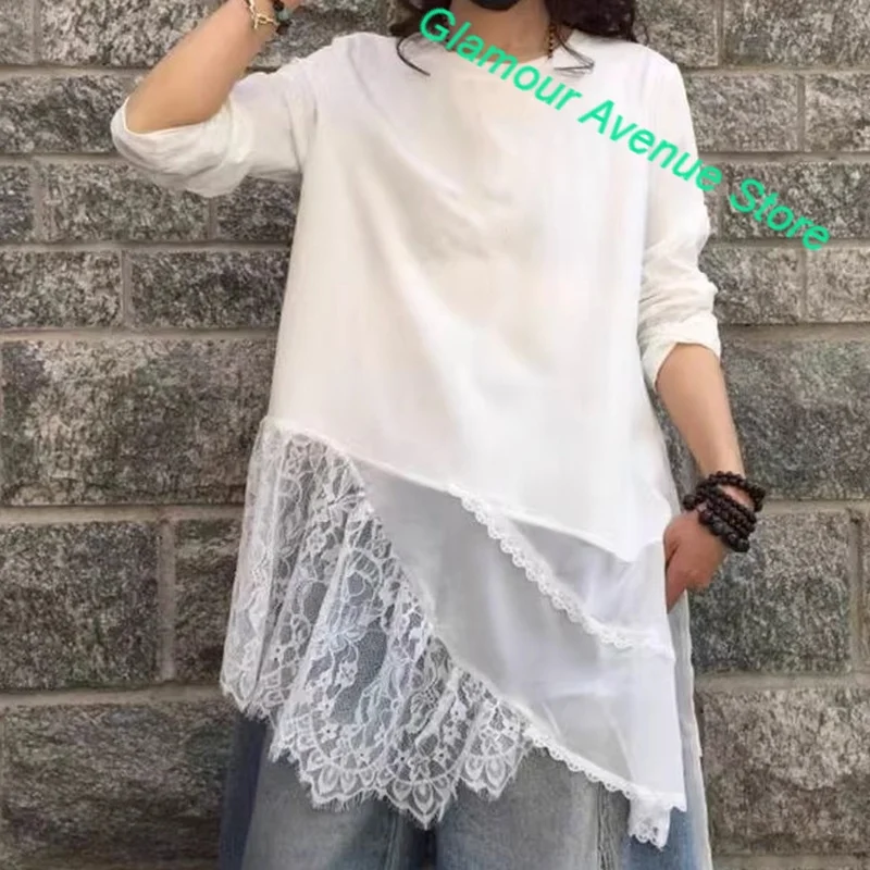 Korean plus size stitching slim Joker bottoming shirt T-shirt women's spring and autumn new fashion loose oblique hem lace shirt