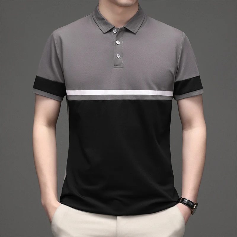 Men's Clothing Comfortable Pullover Button Short Sleeve Turn-down Collar Contrast Color Casual T-shirt Summer Formal Tops