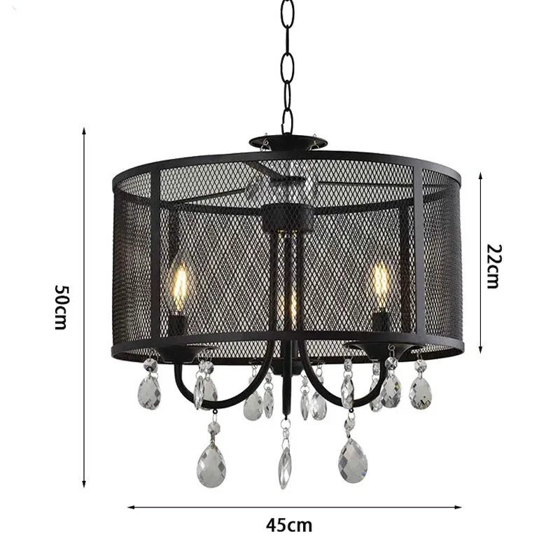 American Countryside Retro Black Mesh Lampshade Iron Crystal Chandelier Dining Room Bedroom Living Room Kitchen Chandelier