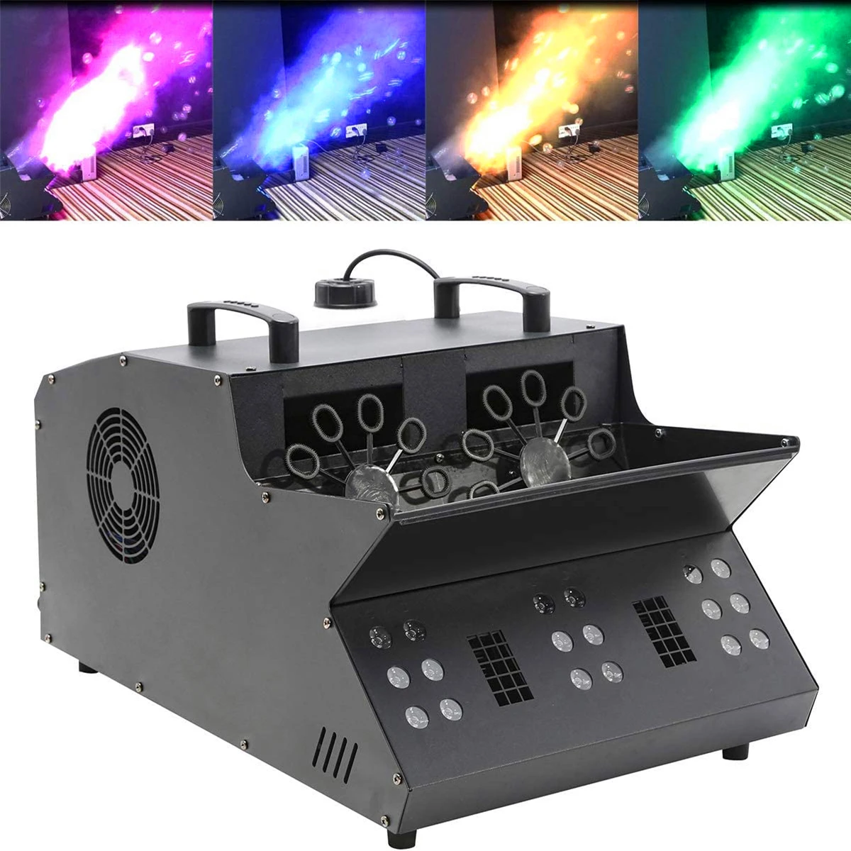 

Fog Bubble Machine,3IN1 Stage Smoke Bubble Machine with 18 RGB LED Lights DMX512 Stage Lighting Fogger Effect With 2 Bubble Fans