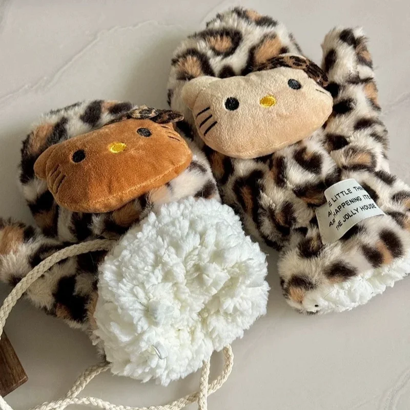 Gants en peluche chat Kt imprimé léopard pour filles pour garder au chaud en hiver épaissi pour le cyclisme et garder au chaud cadeau d'hiver pour les filles