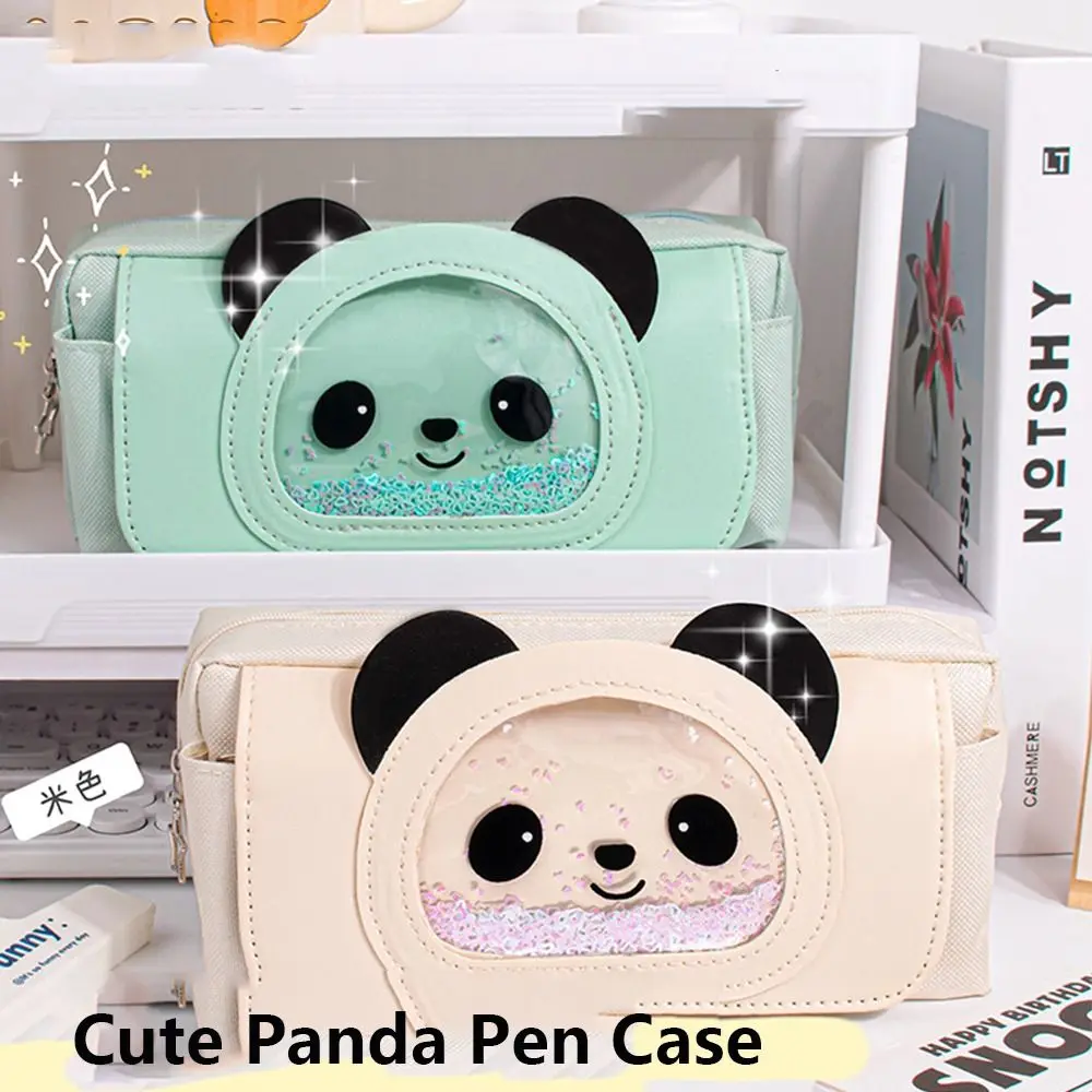 Cartoon Flowing Sand Panda Pen Bag High Beauty Korean Stationery Storage Bag Canvas Large Capacity Cartoon Pencil Bag Student