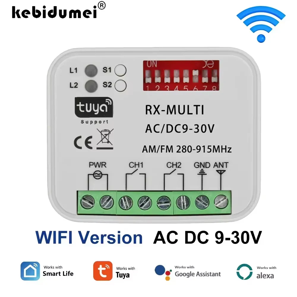 KEBIDUMEI 280-915MHz Universalschalter Tuya WIFI Garagentor-Fernbedienungsempfänger AC DC 9-30V Schaltmodul Relais Türöffner