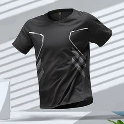 Camiseta masculina de manga curta com gola redonda, bloco de cores, secagem rápida, respirável, esportiva, corrida, camiseta ativa, ao ar livre, treino