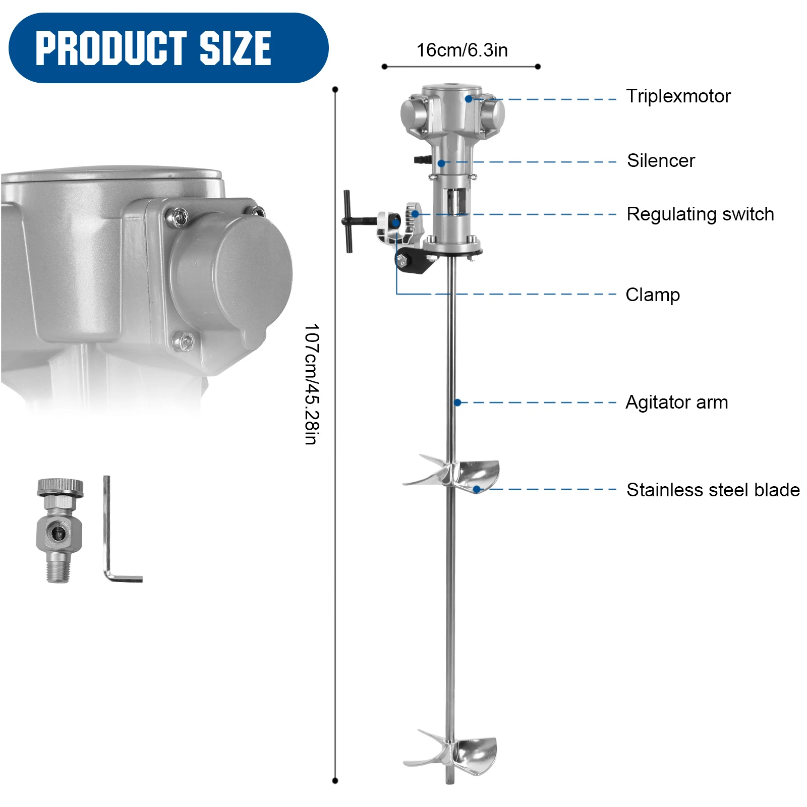 Pneumatic Machine Mixer 50 Gallon 200L Capacity 1/2HP Adjustable with A Vertical Clamp Stirring Tool for Painting Blender