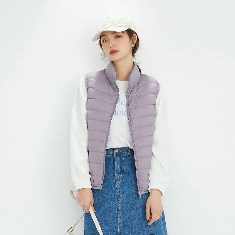 Gilet rembourré léger pour femmes, grande taille, col montant rabattu, blanc, intérieur en duvet, vêtements d'extérieur, hiver Jaet