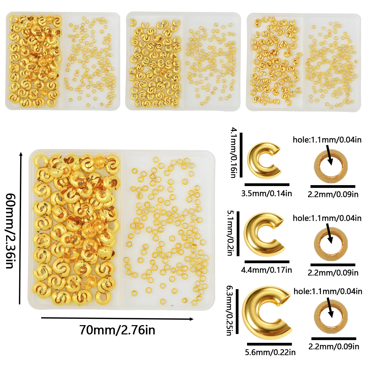 3/4/5mm 200pcs set of alloy double-slot crescent clasps/spacer beads gold-plated handmade DIY jewelry making bracelet accessorie