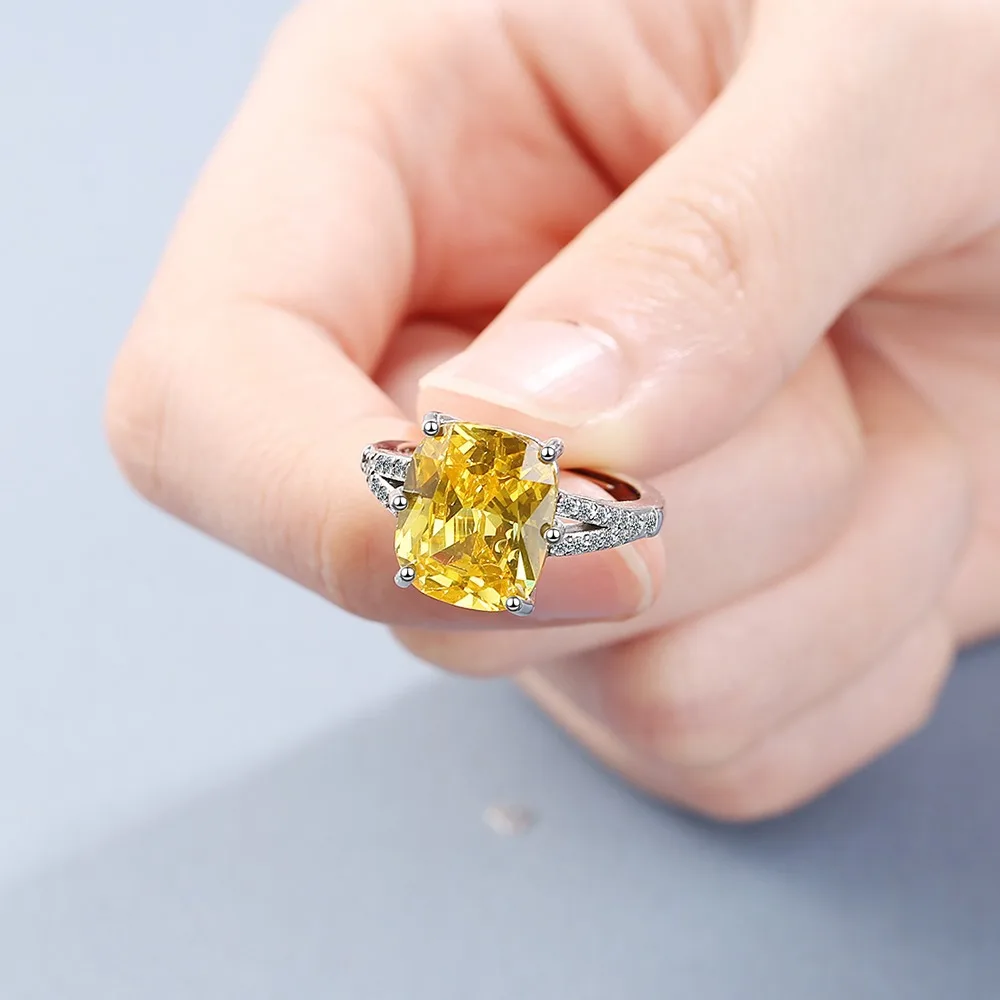 Emerald Cut Natural Yellow Citrine 925 Sterling Silver Rectangle Geometric Ring for Women Statement Gemstone Jewelry Anillos