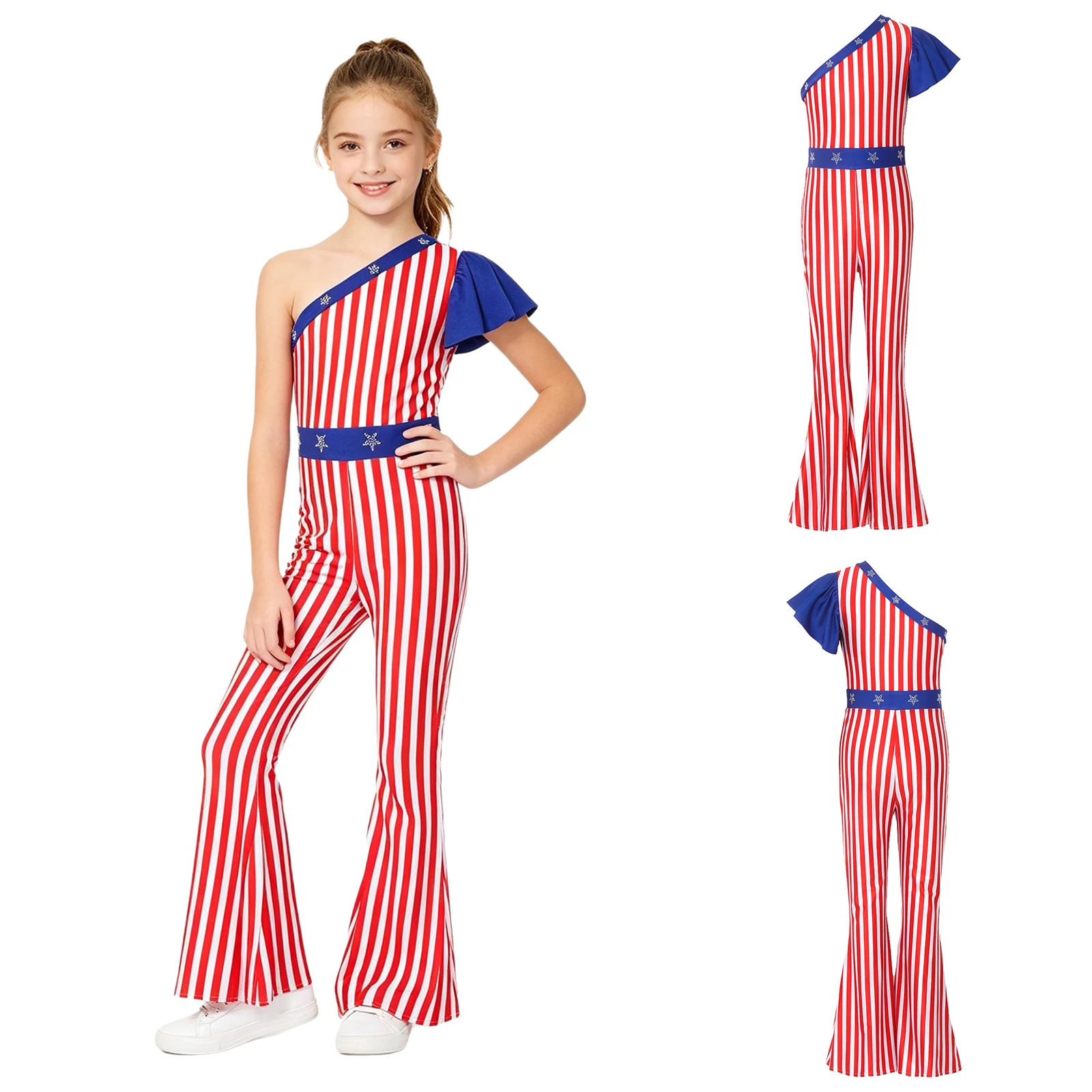 Mono a rayas para niñas, con estrellas brillantes y mangas con volantes, pantalones acampanados, para el Día de la Independencia del 4 de julio, Halloween y fiestas de disfraces
