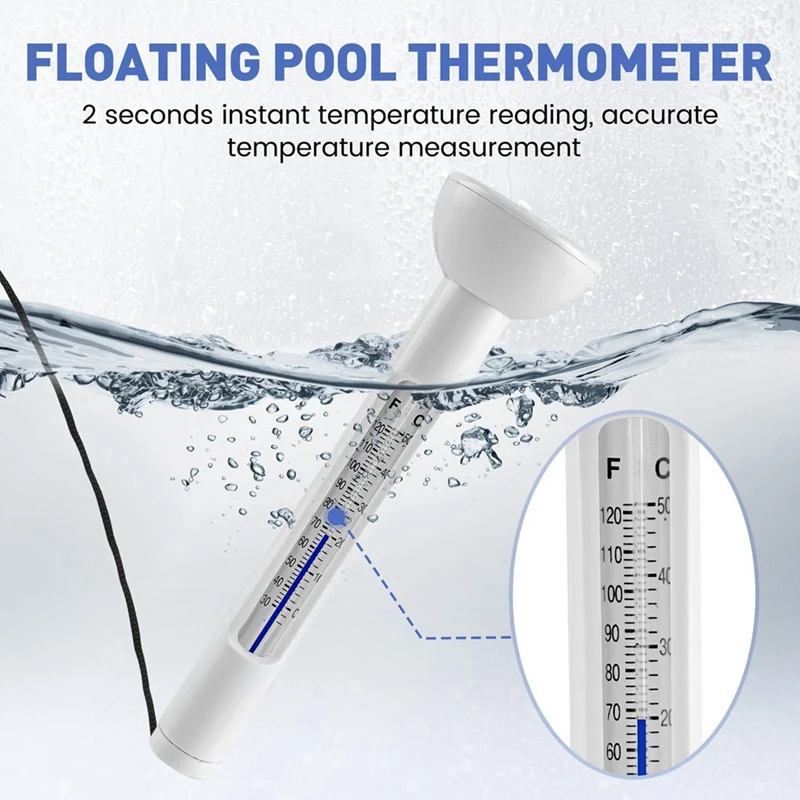 Termómetro flotante para piscina, fácil lectura para la temperatura del agua con cuerda para piscinas y spas exteriores e interiores, duradero