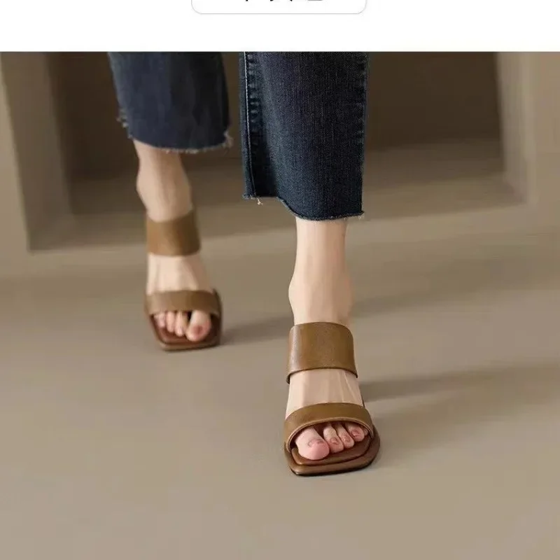 2024 Summer Sandals Women Open Toe Chunky Heel Women Sandals Narrow Band Shoes High Heel Sandals Split Leather Shoes for Women