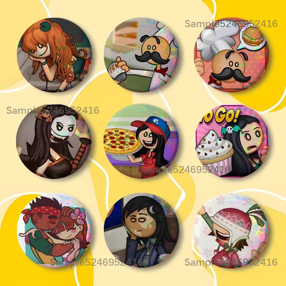 P-Papa Louie Game Pals Laser Badge Round Creative Pins Brooch Niche Design Brooch for Backpack Lapel Pins Accessories
