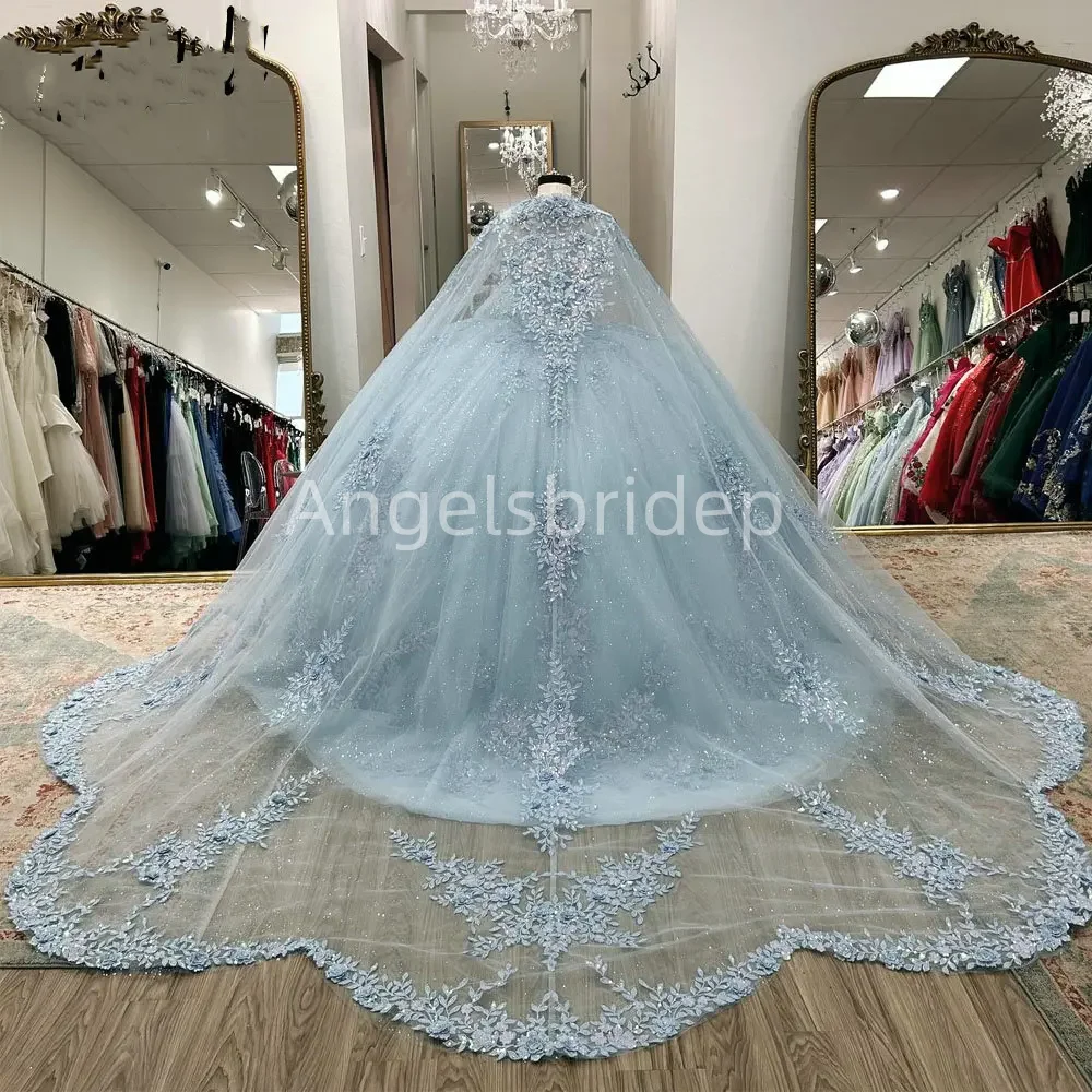 Angels bridep hellblaues Ballkleid Quince anera Kleider 2025 mit Glitzer Tüll Applikationen Cape Party Kleid Vestido de Quinceañera