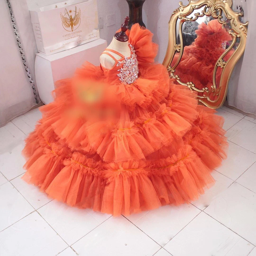 Orange Little Girl Dress Crystals Ruffle Fluffy Girl Gowns for Wedding Cute Tutu Communion Birthday Gowns