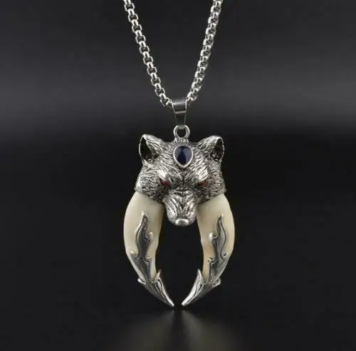 antique double boar pendant tooth silver Wolf protective talisman necklace Gift