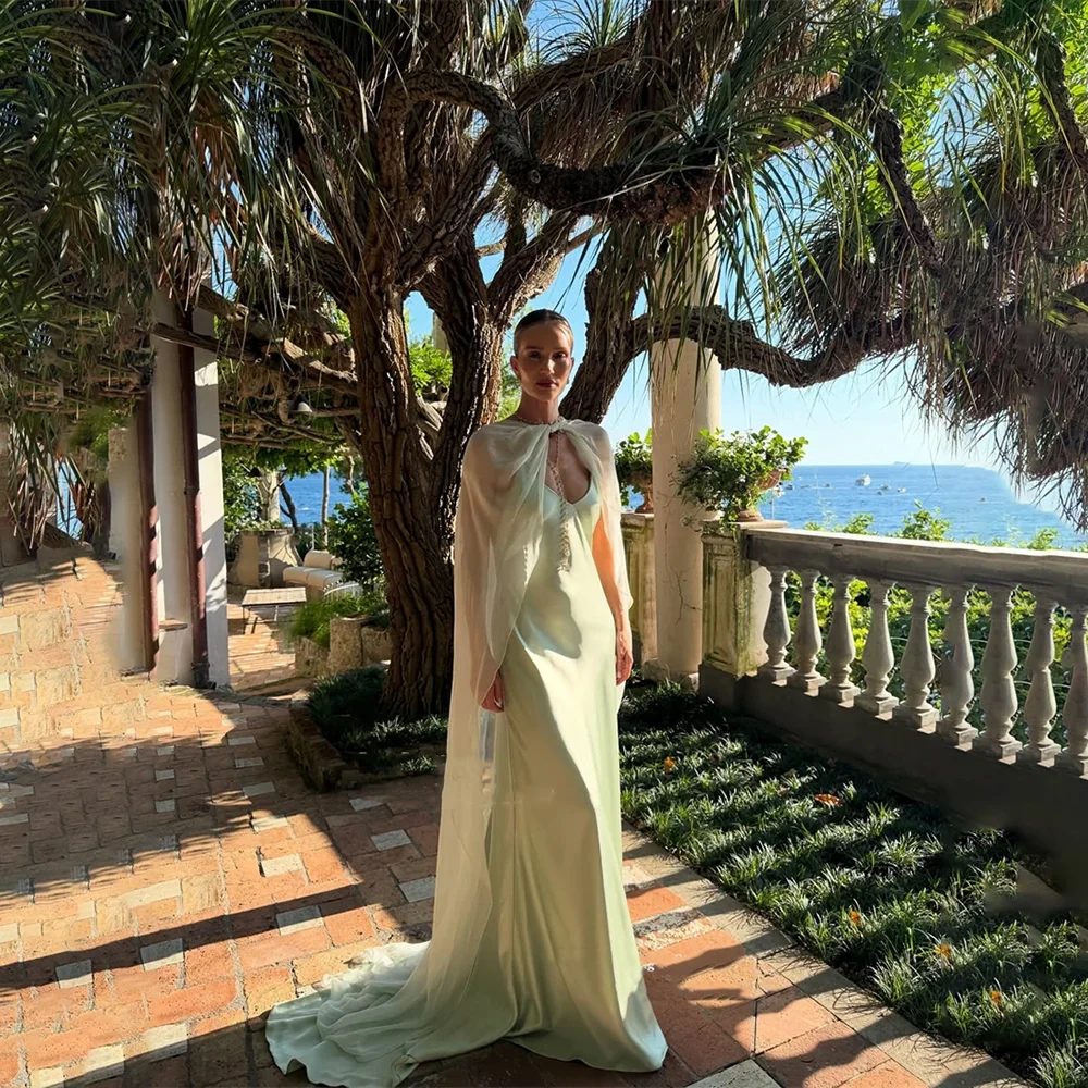 

Luxury Evening Dress Sleeveless Satin Light Green Elegant Formal Occasion Birthday Gowns فساتين سهره 2025