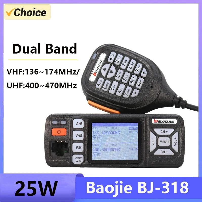 Baojie BJ-318 Mini Car Radio Station 256CH Tri-Power 25W VHF/UHF Dual Band Mobile Radio CB Transceiver Long Range Walkie Talkie