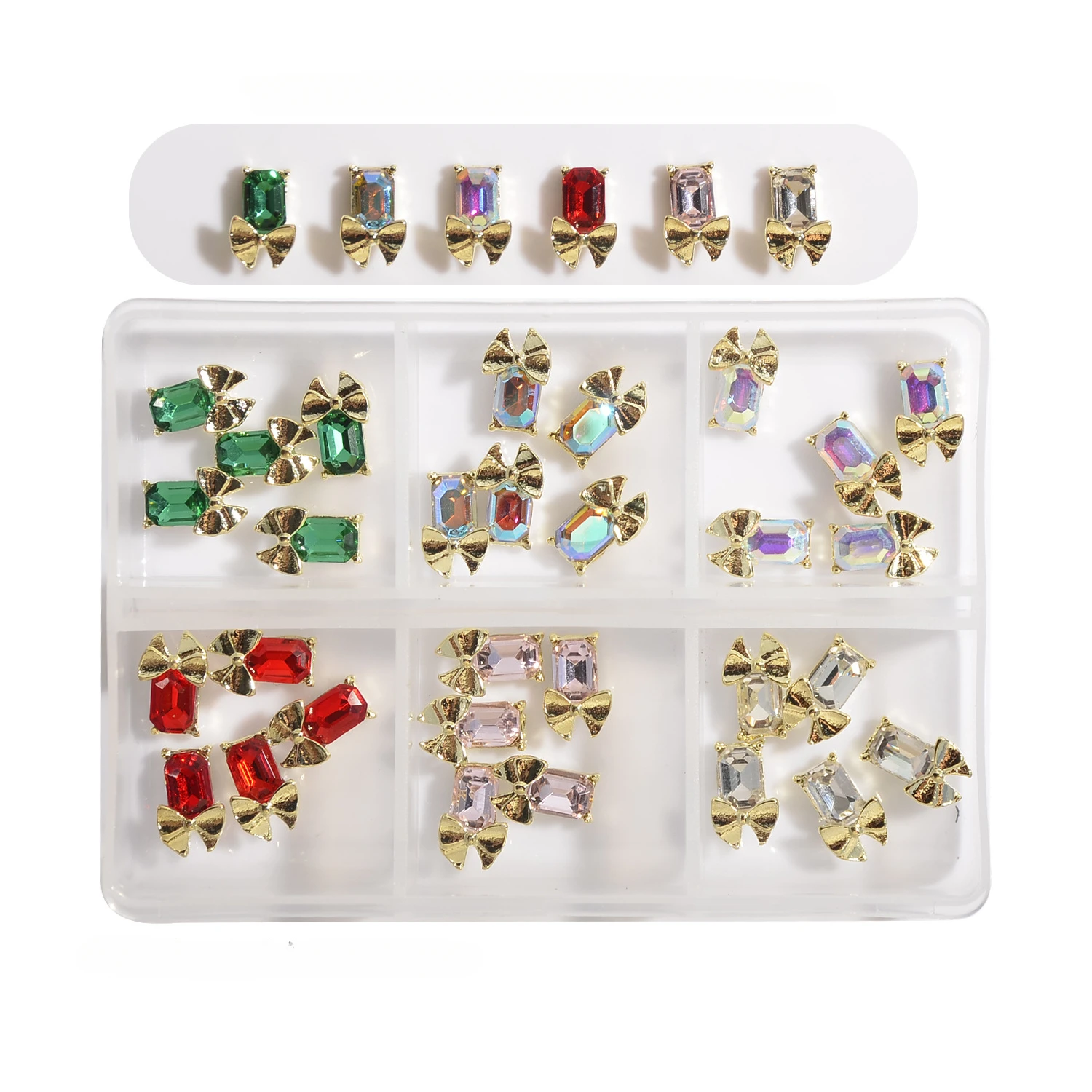 30 Pieces of 3D Rhinestone Nail Decorations in a 6 Grid Box Set with Alloy and Bowknot Design