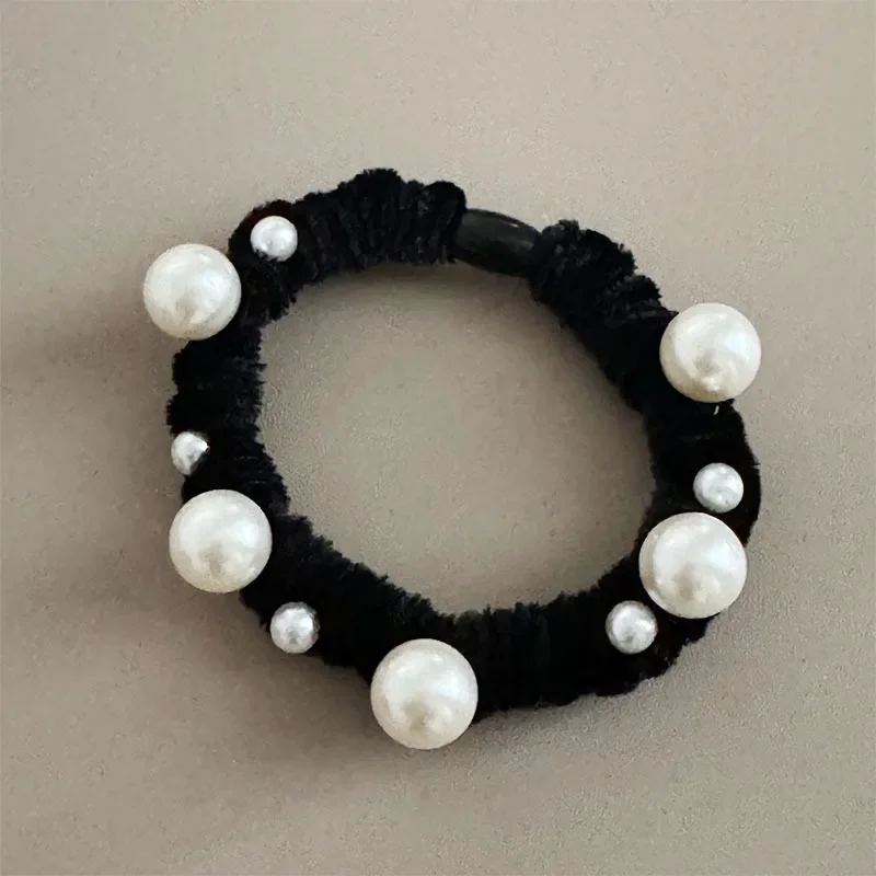 Elegant Imitation Pearl Hair Rope For Women Bead Black Hair Tie Bracelet Elastic Rubber Band Ponytail Hair Accessories Wholesale