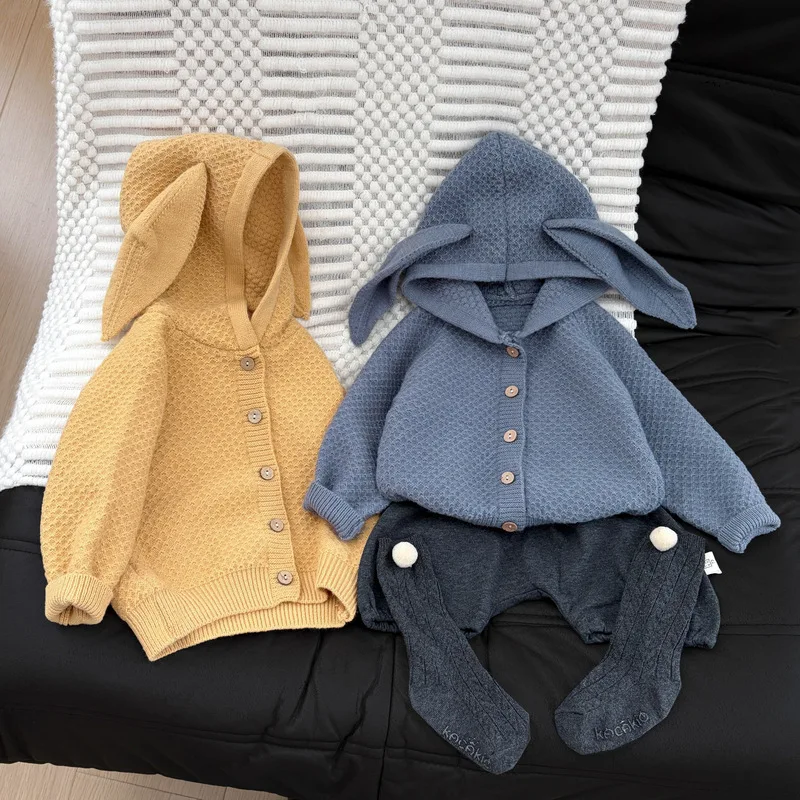 2026 Autumn New Children Rabbit Ears Hooded Sweater Coat Cotton Boys Girls Fashion Casual Knitted Cardigan Kids Clothes