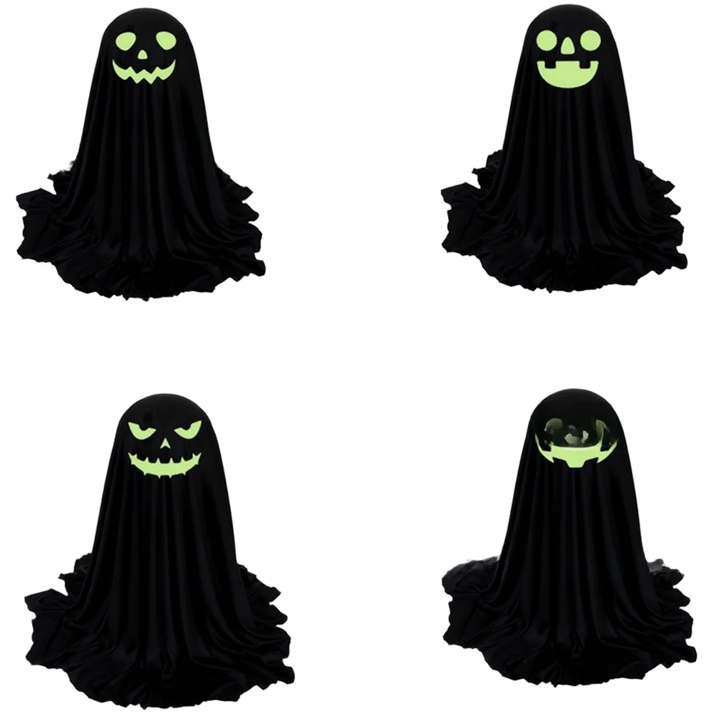 4 Piece Black Cloth Specter Decor with Green Light Emission for Halloween Festive Table Settings and Indoor Display