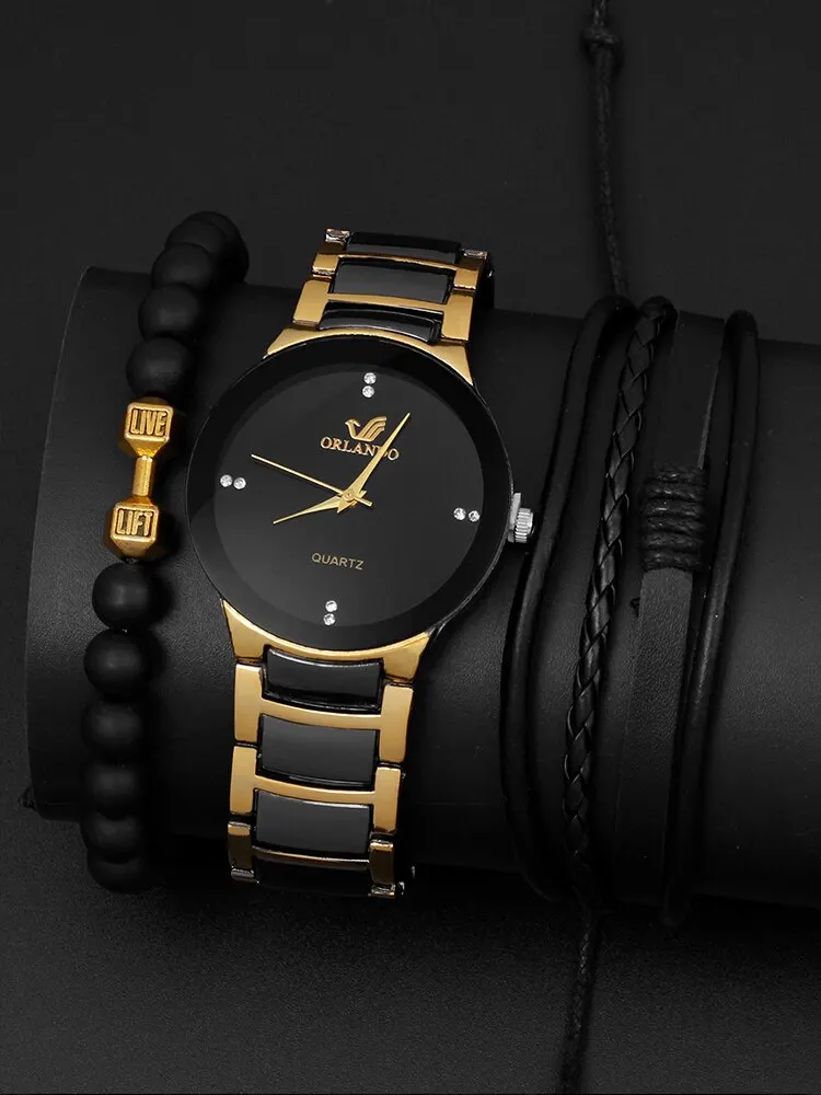 3PCs Fashion Personalized Men\'s Steel Band Quartz Watch with Bracelet Set