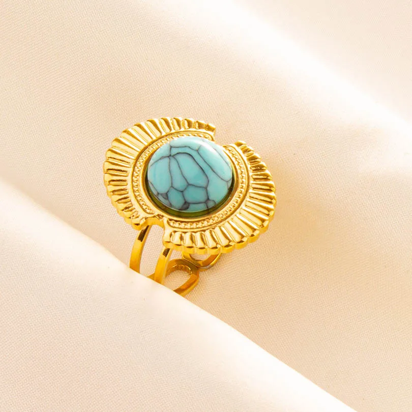 1pc Chic Bohemian Blue Turquoise Statement Gold Color Ring Stainless Steel Opening Adjustable Boho Ring Jewelry Gifts Never Fade