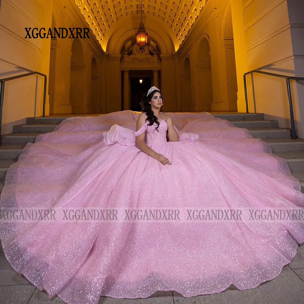 Elegancka różowa suknia balowa sukienka na Quinceanera 2024 3D tiul w kwiaty księżniczka słodka 16 Vestido De XV Años Brithday suknia wieczorowa Plus Size