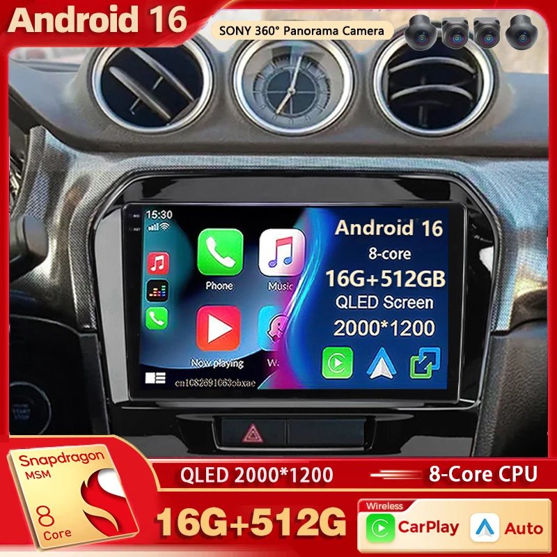 Android 16 For Suzuki Vitara 4 2014-2018 2K QLED Android Car Radio Multimedia Video Player GPS Stereo CarPlay 4G Navigation DSP