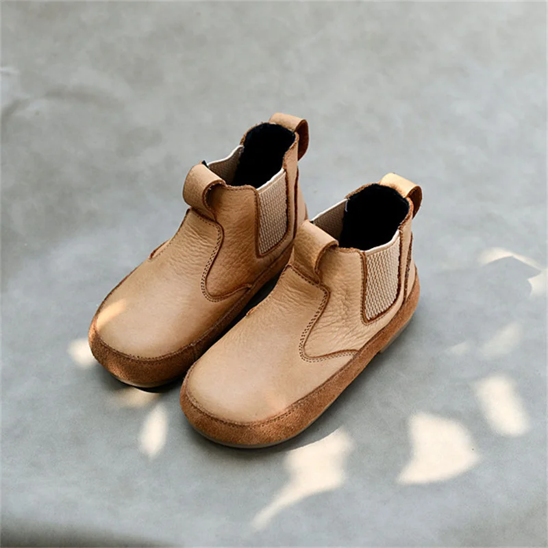 

Genuine Leather Children Boots Autumn Winter Warm Snow Shoes Soft Sole Kids Girls Casual Shoes Top Quality Retro Cowhide Boots
