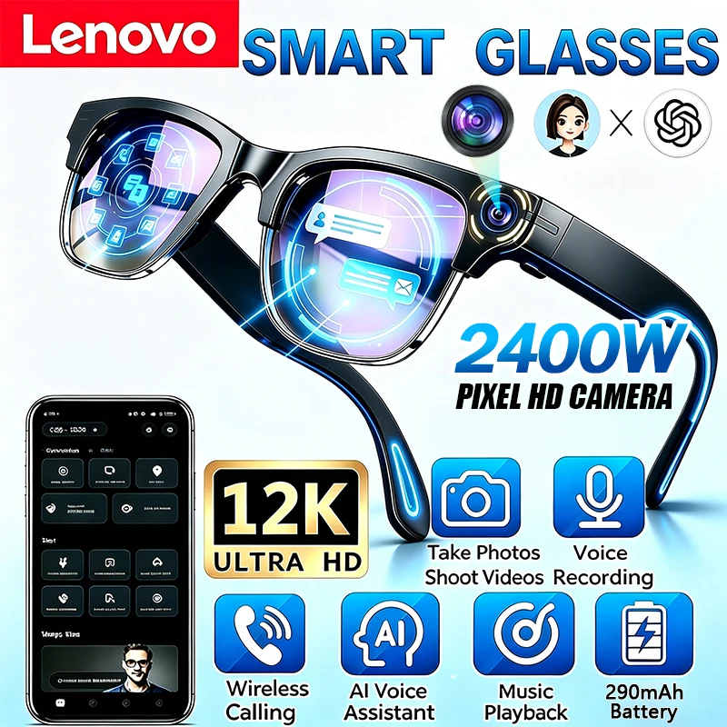 Lenovo AI 2400MP 12KHD Smart Glasses Vedio Translation Women Men Hands-Free Call AI Chat Logging Music Playback Smart Sunglasses