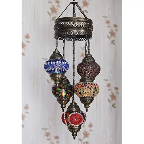 LaModaHome 40 + Unique Colors, 2020 Customizable Chandelier 5 Globes + Free 5 Bulbs, stunning Mosaic Turkish Lamp Moroccan Light