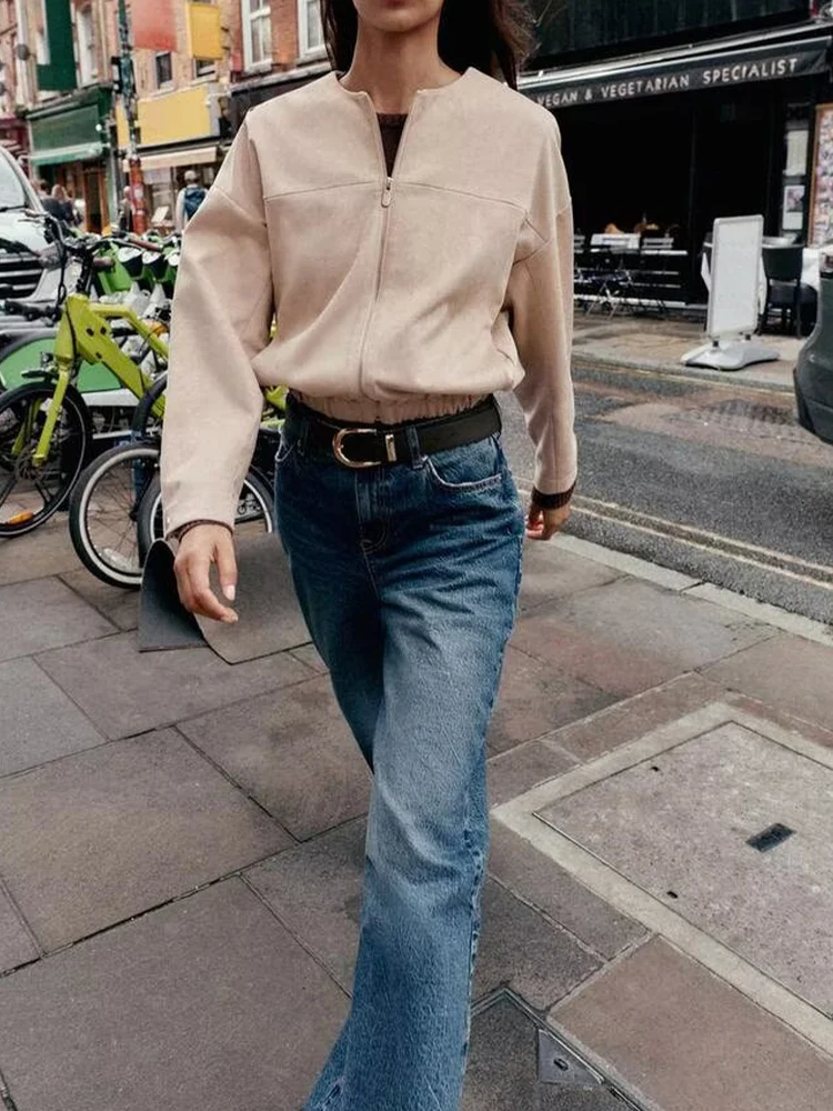 

European and American style autumn new fashion trend simple women's clothing round neck zipper versatile effect jacket