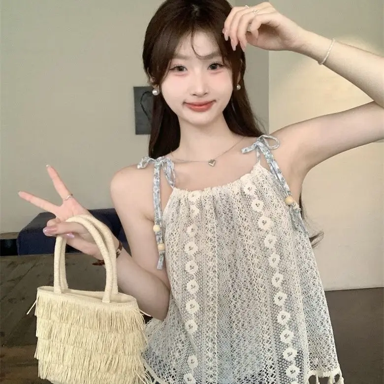 Bohemian Crochet Lace Spaghetti Strap Camisole for Women Summer Beach Vacation Thai Fringe Sleeveless Top