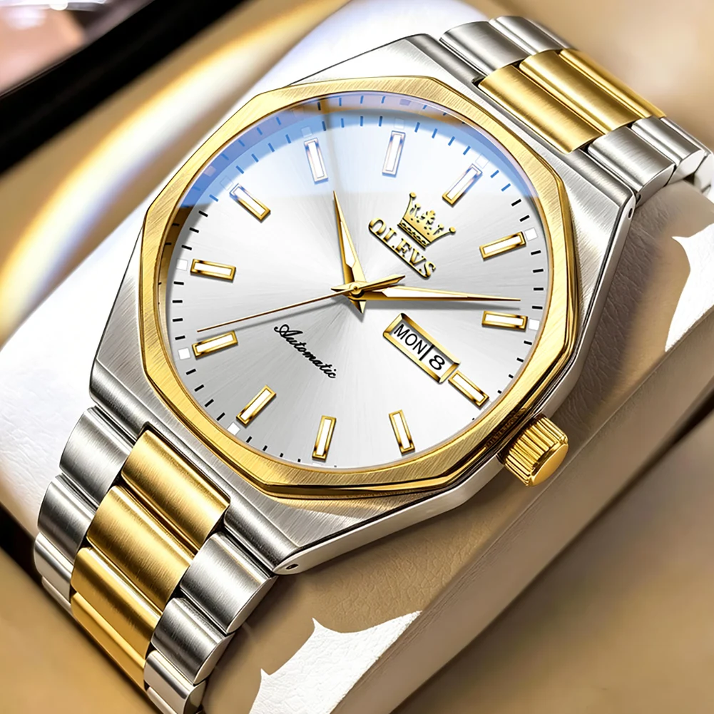 OLEVS Luxury Business Automatic Mechanical Watch for Men Original Octagon Case Stainless Steel Wristwatch Date Luminous