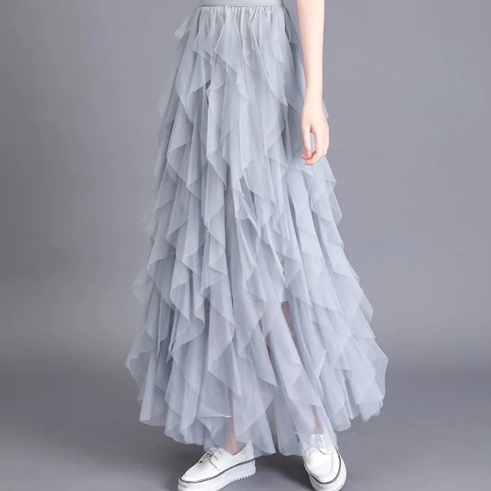Women irregular Tulle Skirts Fashion Elastic High Waist Mesh Tutu Skirt Pleated Long Skirts Midi Skirt Saias Faldas Jupe Femmle