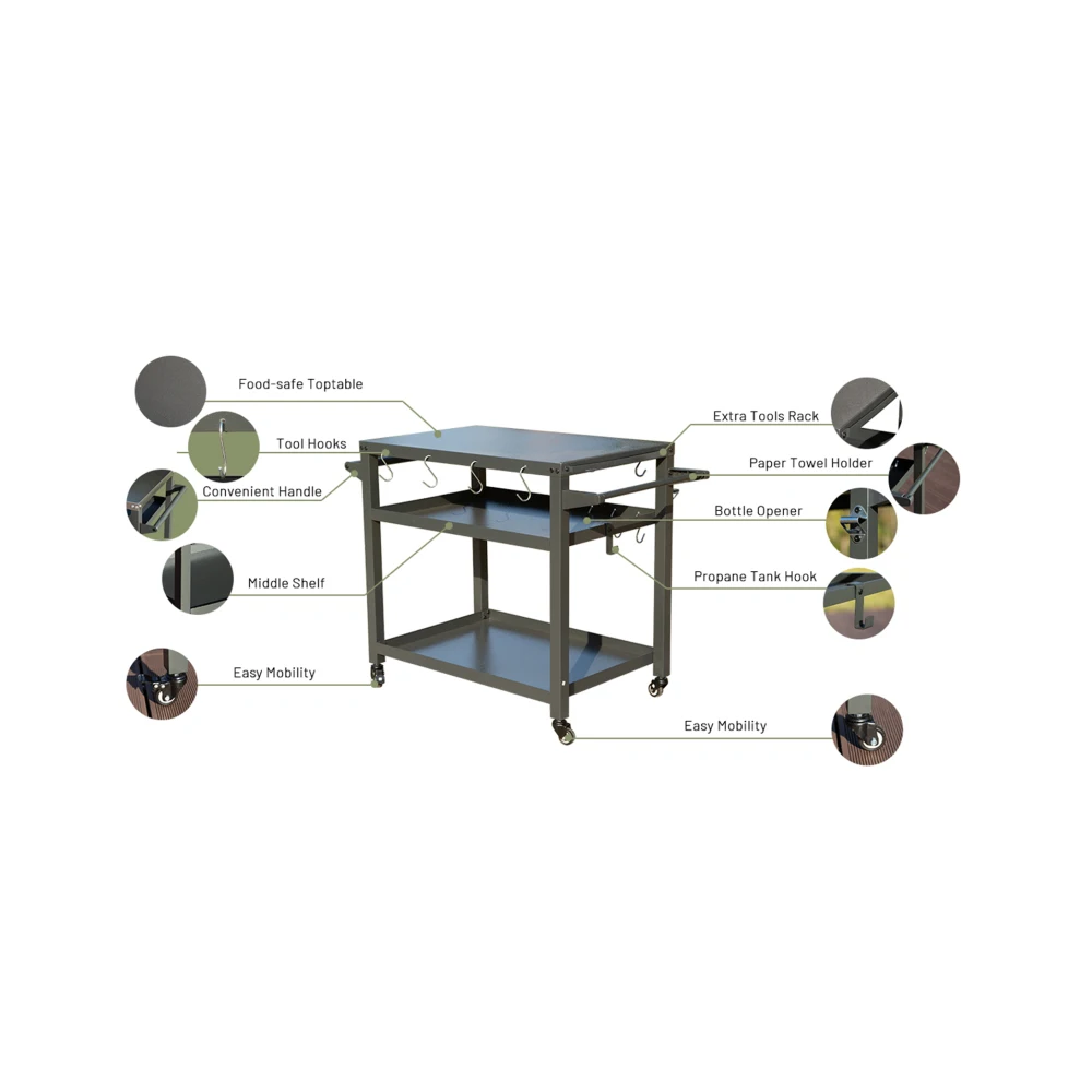 Carrello per barbecue a 3 ripiani con ruote Tavolo da campeggio antiruggine Supporto per piastra in pietra nera con ganci Multifunzione per cucinare all'aperto