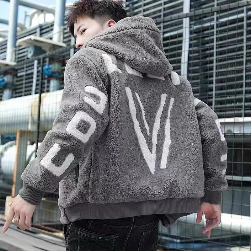 Lamb Velvet Thickened Winter Jacket Men's Hooded Cotton Coat Korean Style Trendy Warm Plush Cotton Padded Casual Zipper