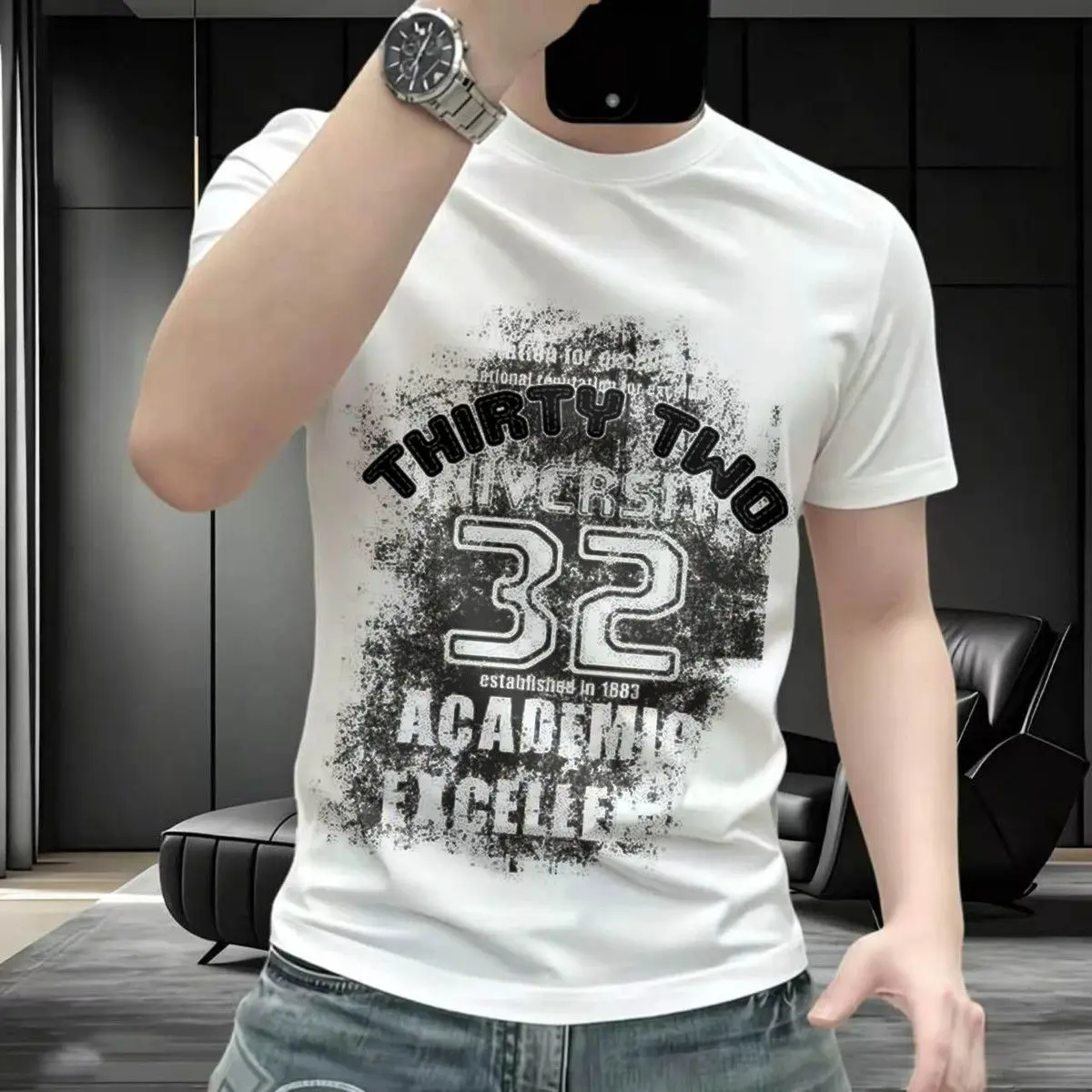 Men's Casual Printed T-Shirt With Number Design For Daily Wear Breathable Short Sleeve Round Neck