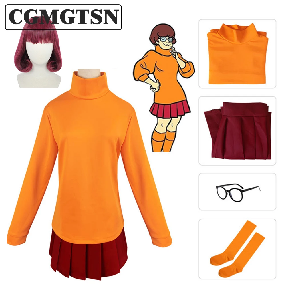 CGMGTSN Anime Velma Cosplay Costume Scoloby-Dool Orange Uniform Halloween Costume for Women Girls Party Costume Wig