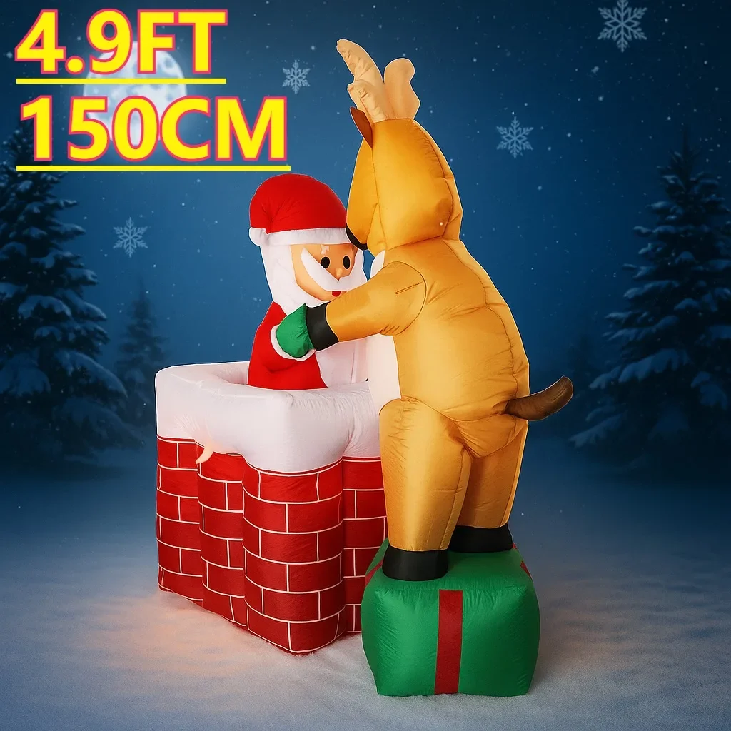 

4.9FT Christmas Inflatable Santa And Reindeer By Chimney LED lit For Home And Yard Xmas Festive Ornaments And Gifts Decor