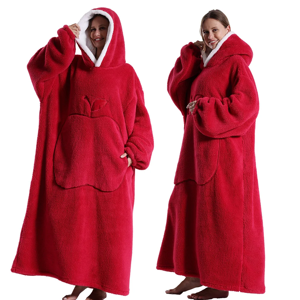 Red Oversized Winter Hooded Long Fleece Blanket with Sleeves for Woman Men Korean Fashion Hoodie Pullover Plush Wearable Blanket