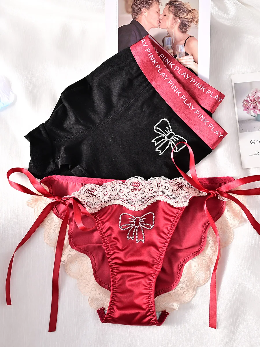 Lolita Couple Underwear Black Sexy Lace Up Pure Desire One Male One Female Pure Cotton Summer Underwear Set Thin Panties