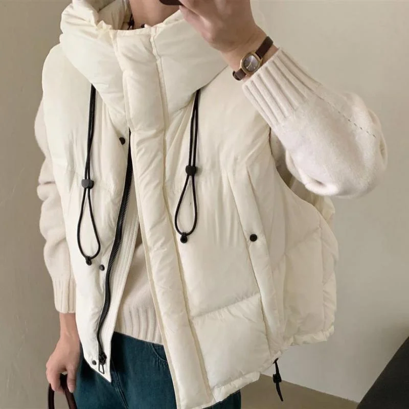 

Белый пуховый жилет с капюшоном на пуговицах, осенне-зимний, новый, корейский, свободный, утепленный, для женщин, для повседневной носки