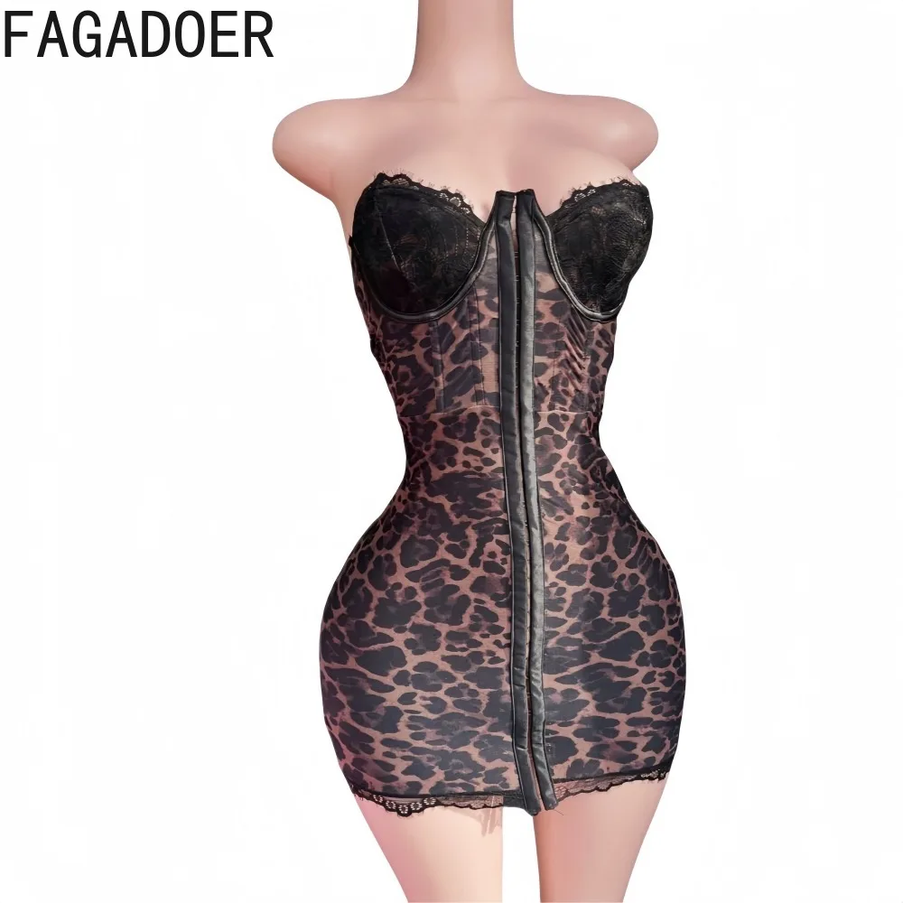 فستان قصير مثير بطبعة الفهد من FAGADOER فستان نسائي قصير بدون أكمام وظهر مكشوف من الدانتيل فساتين نسائية ملابس خروج جديدة #5