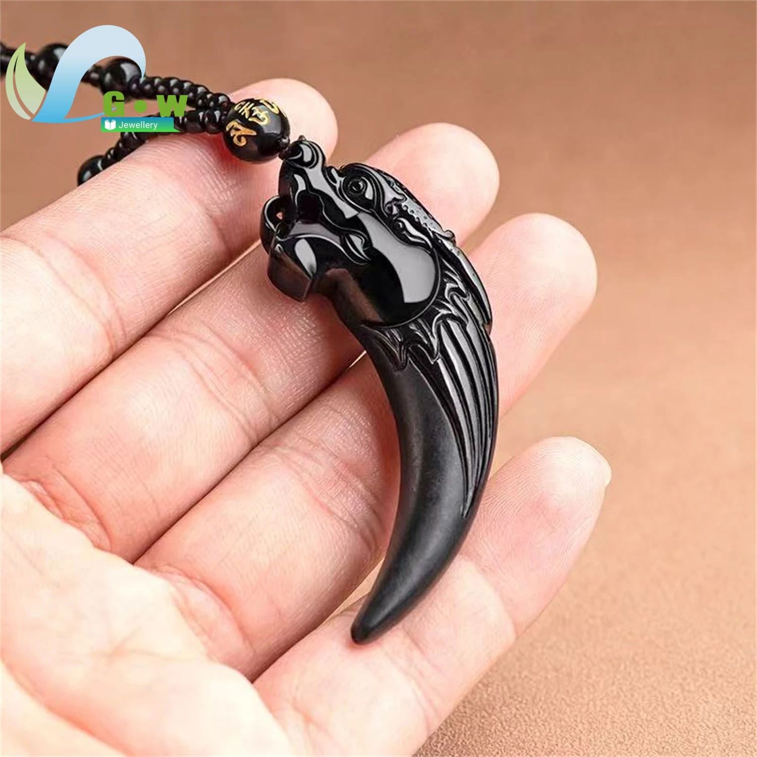 Natural Black Jadeite Dragon Tooth Pendant Necklace for Men Unisex Fine Jewelry Gift Sharp Bold Lucky Charm Protector Energy