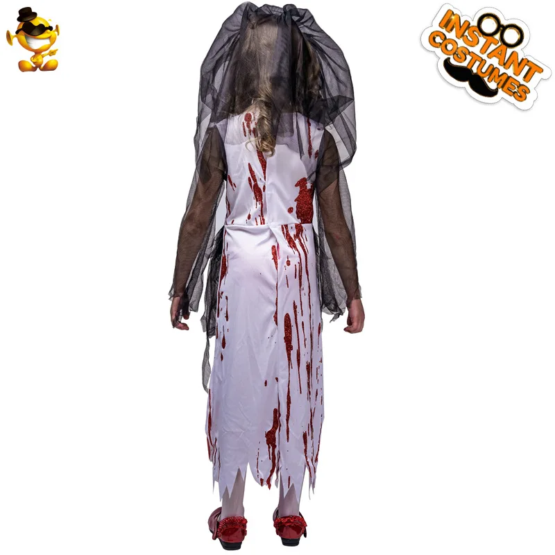 Halloween Horror Bloodstained Little Girl Ghost Bride Costume Headpiece Skirt Cosplay Stage Performance Party Outfit