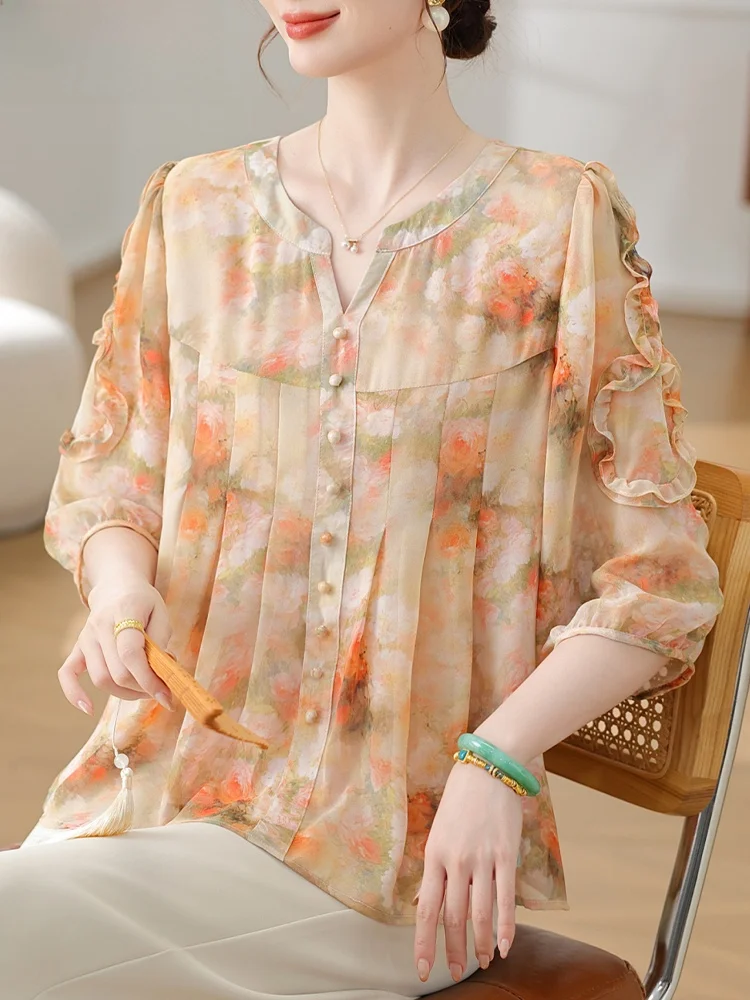 

Young Mom Summer Faion Chiffon irt Set Svel Ele Middle-aged Women's Clothing New 2025 Sle Loose Fit Polyester