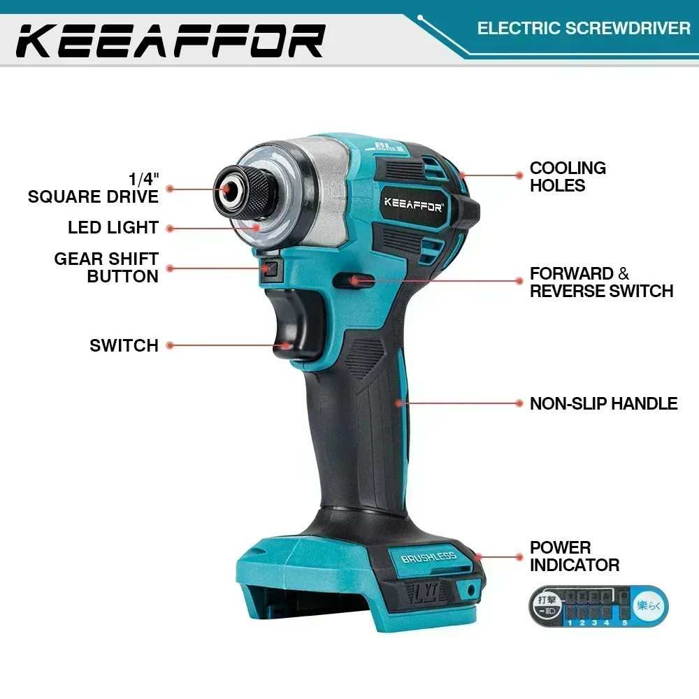 KEEAFFOR 1000W 688N.m 5Gears Electric Screwdriver Brushless Cordless Electric Drill Cordless Power Tool For Makita 18v Battery